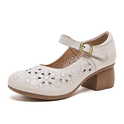 DIMANYU Women Floral Hollow Mary Jane Shoes Genuine Leather Mid Heel Summer Comfort Mother Shoes Ladies Dress Sandals
