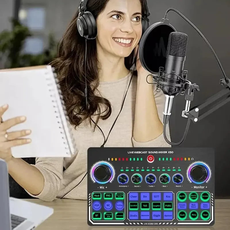 X50 Podcast Recording Equipment with Podcast Mixer Sound Card for Live Streaming Voice Changer DJ Audio Mixer Interface