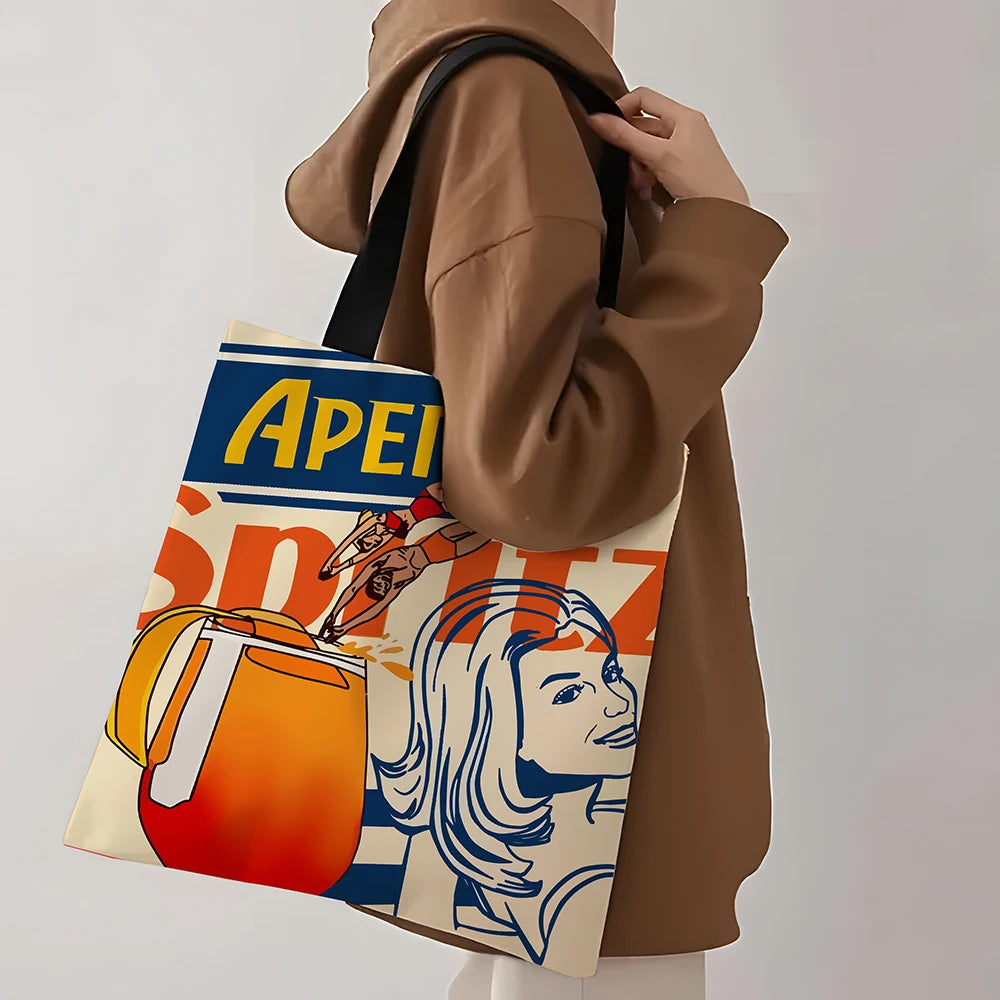1pc Aperol Spritz Art Print Tote Bag Reusable Fabric Grocery Foldable Shopping Bag