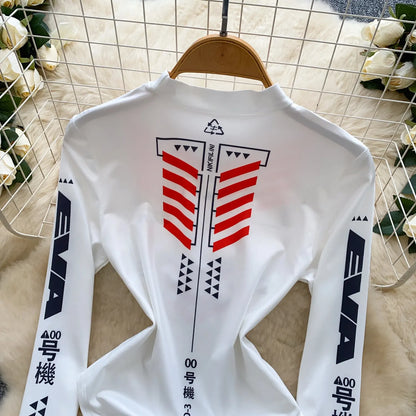 Spring Summer Bodysuit Women Motorcycle Suit Print Mock Neck Slim Long Sleeve Stretchy Jumpsuit Top T-shirt Moto Biker 63930