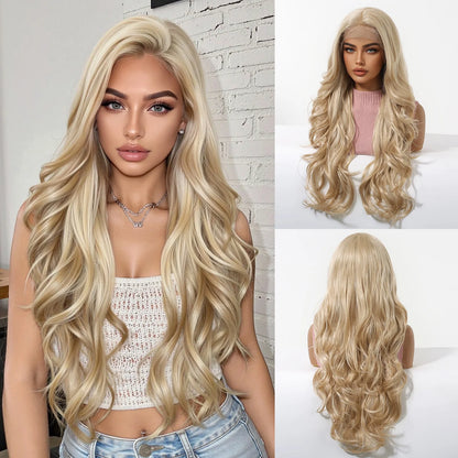13x6 Lace Front Wig Blonde Golden Straight Hair Synthetic Wigs for Women Daily Party Cosplay Use Heat Resistant Fiber Hair