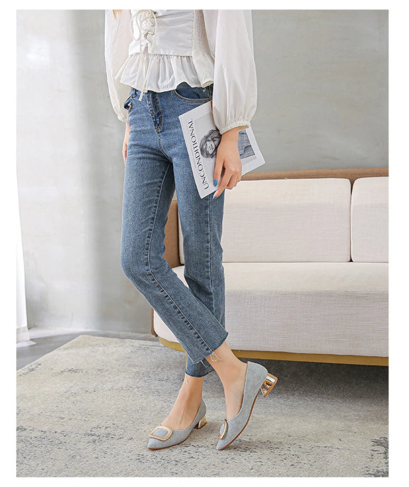 Womens Light Blue Glitter Pointed Toe Block Heel Pumps With Gold Square Buckle Detail Metallic Heel Elegant Dress Shoes Ladies