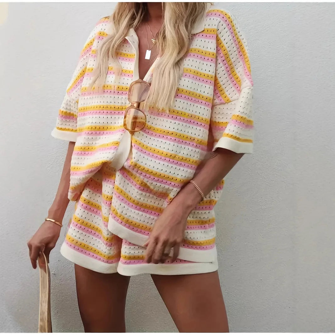 2026 Spring Summer Casual Beach Woolen Suit Fashionable Color-blocked Short-sleeved Striped Top And Loose Shorts Two-piece Set