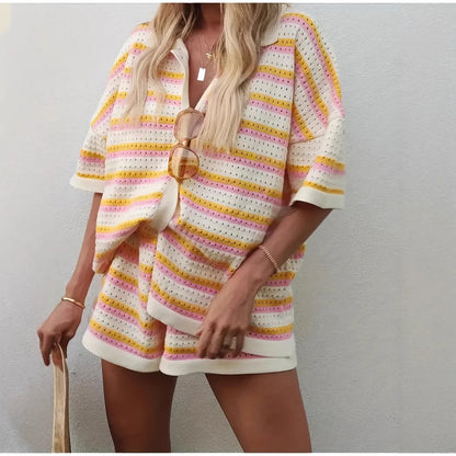 2026 Spring Summer Casual Beach Woolen Suit Fashionable Color-blocked Short-sleeved Striped Top And Loose Shorts Two-piece Set