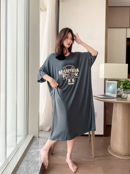 New Casual Sleepwear Woman Night Dress Lounge Home Wear Clothes Printed Short Sleeve Female Nightgowns Cotton Loose Nightshirt