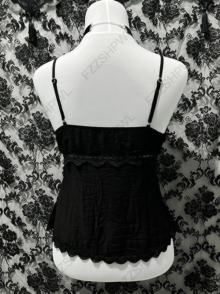 Gothic Y2K Aesthetic Women's Camisole Top Casual Slim Fit Sexy Solid Color Lace Crop Tees Grunge Punk Hotties Summer Streetwear