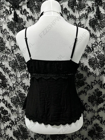Gothic Y2K Aesthetic Women's Camisole Top Casual Slim Fit Sexy Solid Color Lace Crop Tees Grunge Punk Hotties Summer Streetwear