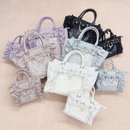 Sweet Y2k Aesthetic Transparent Bow Ita Bag Casual Chic Ruffle Fashion Women's Handbags All Match Kawaii Shoulder Crossbody Bags