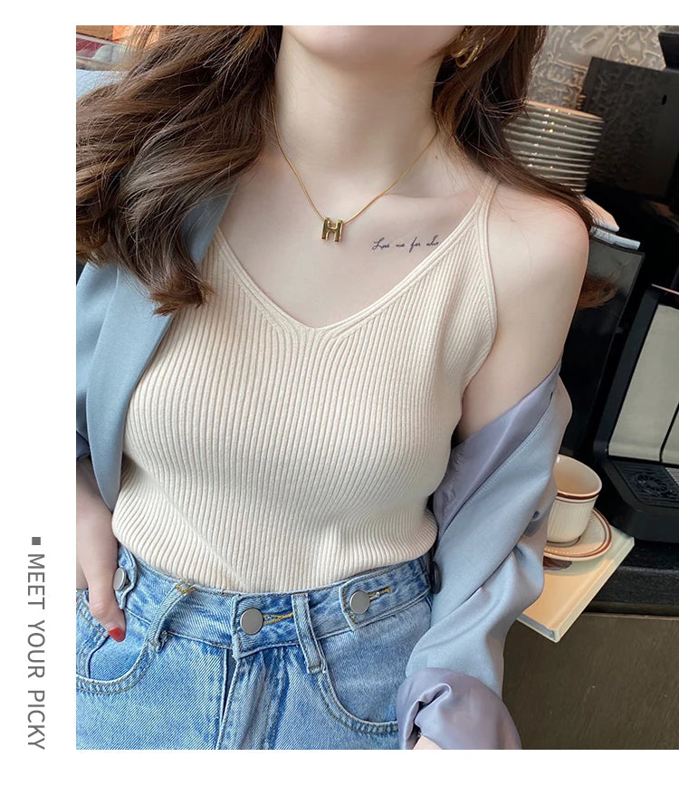 Korea Summer Tops 2026 New Solid V-Neck Elastic Knitted Suspender Camis Women's Tanks Clothing Basics Shirt