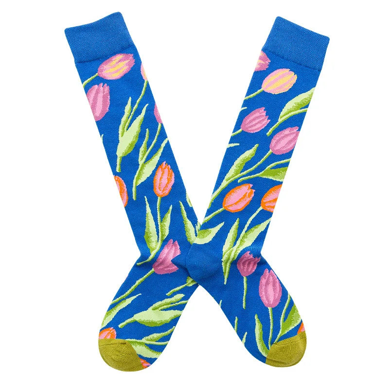 Socks Women's High Tube Calf Knee-length Socks Retro Illustration Art Abstract Street Autumn and Winter Cotton Socks High Sock