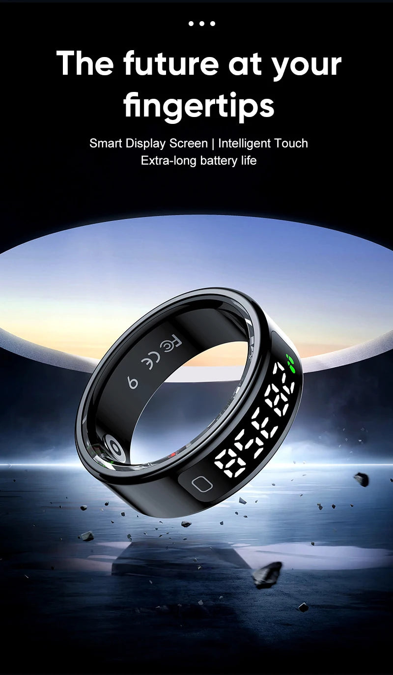 Touch Display Smart Ring R11C with Charging Box-1ATM Waterproof Step Health Tracker 5.2 BLE Heart Rate Blood Oxygen Monitor