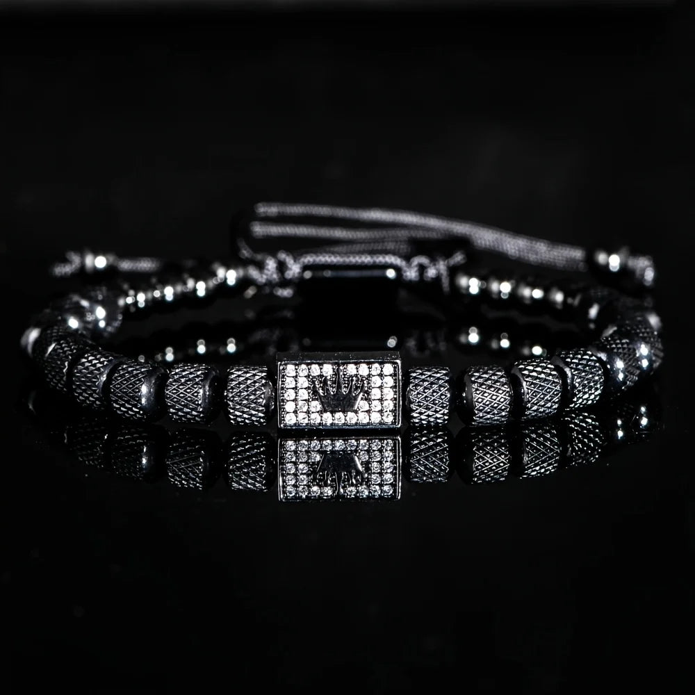 [Micro-Set Bead Bracelet] Luxury Micro-Set Square Crown Bead Adjustable Size Men's Gorgeous Braided Bracelet