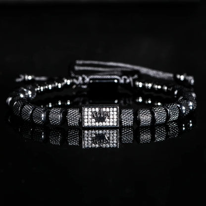 [Micro-Set Bead Bracelet] Luxury Micro-Set Square Crown Bead Adjustable Size Men's Gorgeous Braided Bracelet
