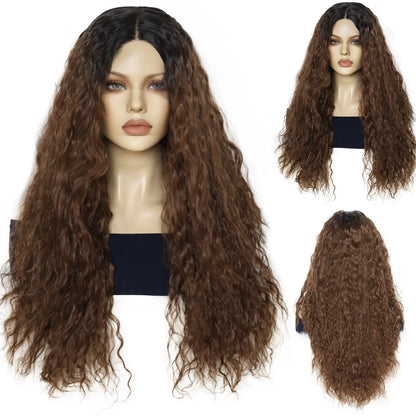 13*4*1 Lace Front Wig Ombre Brown Long Curly Synthetic Wig for Women Heat Resistant Hair Daily Party Cosplay
