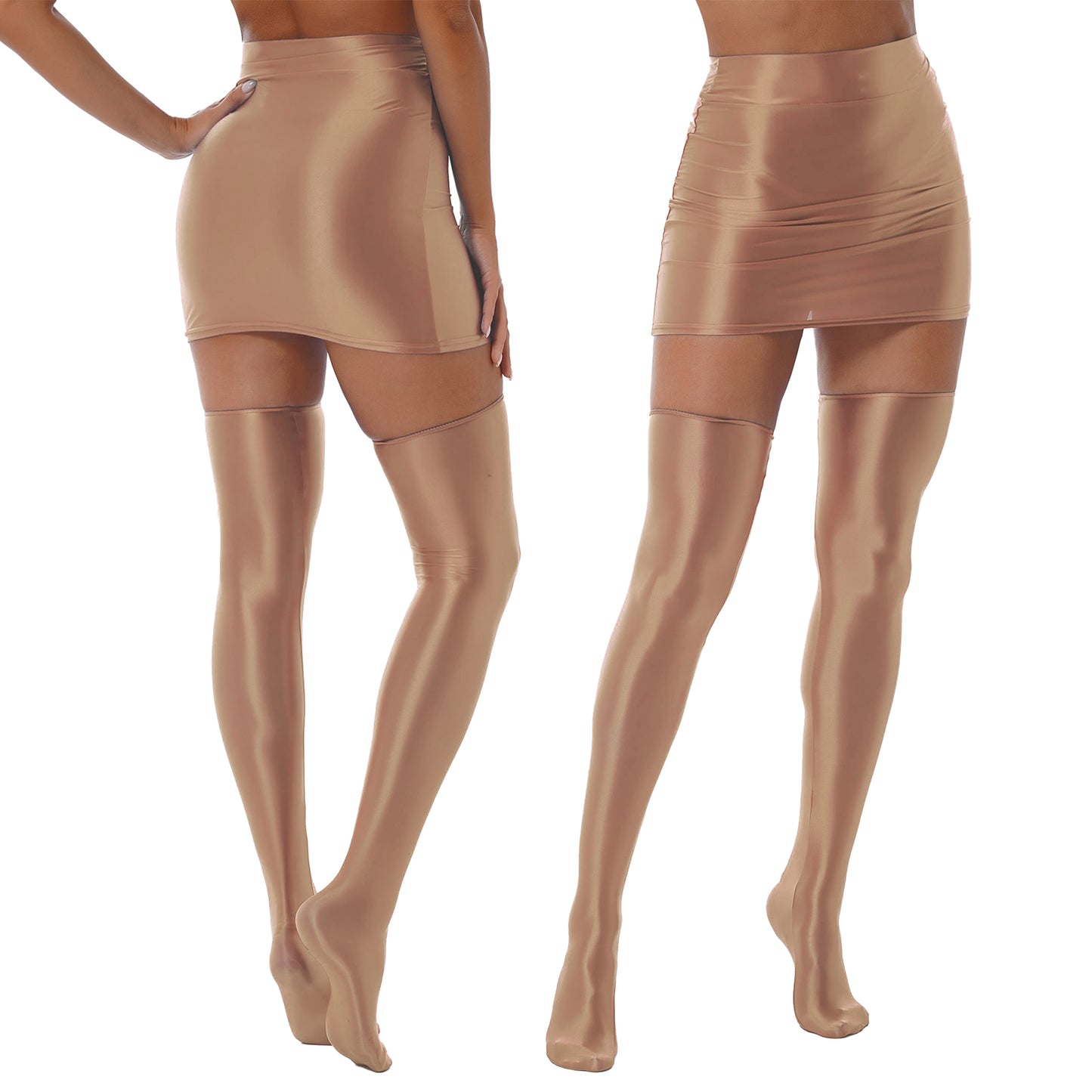 Womens Glossy Nightclub Outfit Shiny High Waist Mini Skirt with Stockings Set Rave Party Cheer Booty Workout Pole Dance Clubwear