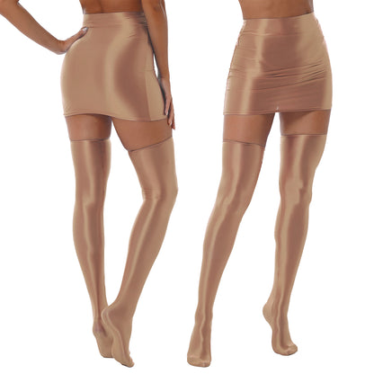 Womens Glossy Nightclub Outfit Shiny High Waist Mini Skirt with Stockings Set Rave Party Cheer Booty Workout Pole Dance Clubwear