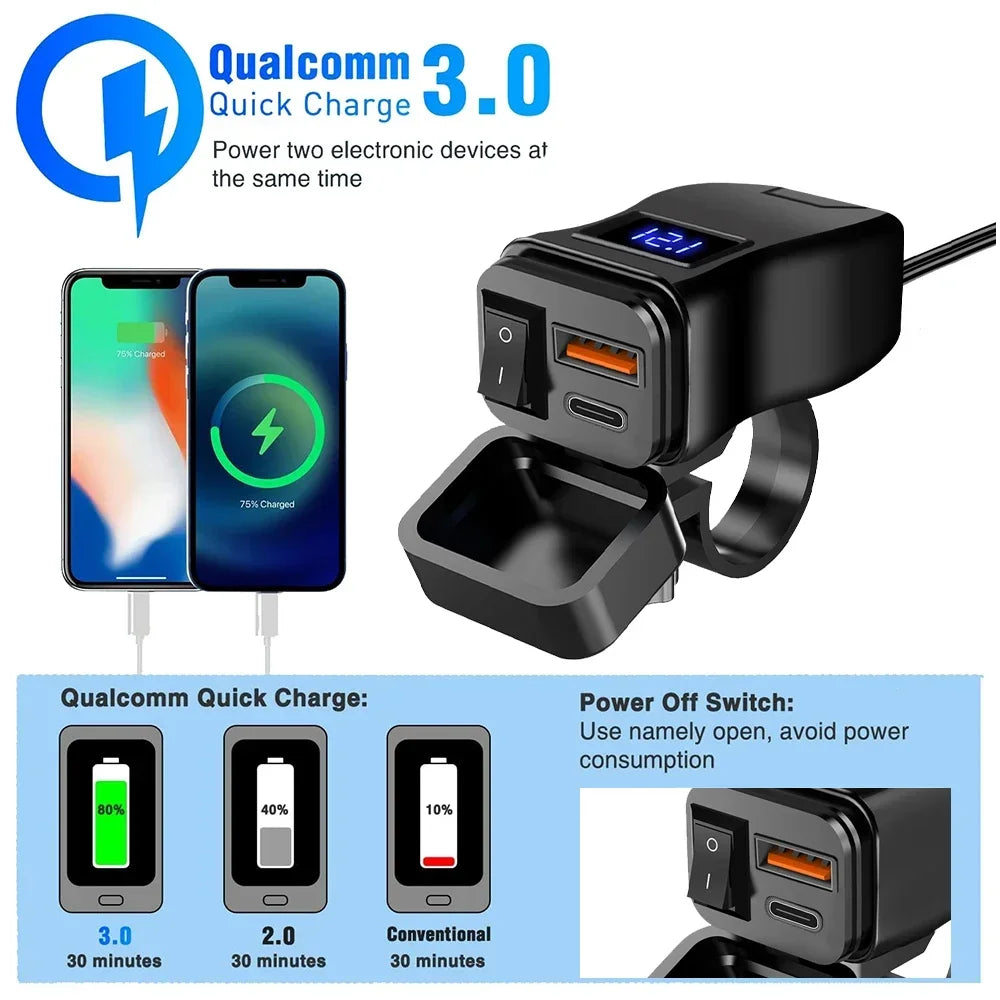 60W Motorcycle USB Fast Charger PD QC3.0 Power Supply Adapter Handlebar Dual USB Socket Waterproof with Switch Voltmeter