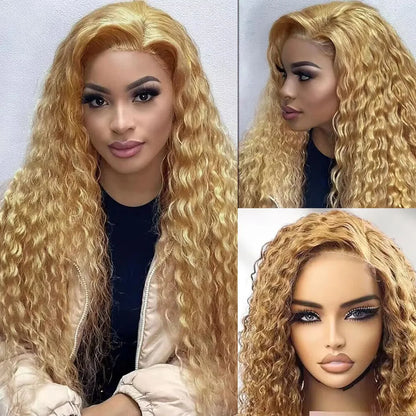 Deep Wave Honey Blonde Human Hair Wig #27 Curly HD Transparent Lace Front Wigs For Women Pre Plucked Wigs 200% Density 30 Inch