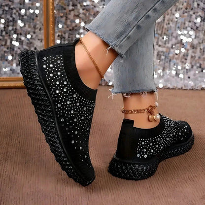 Shiny Crystal Black Women Sneakers Breathable Knitted Non Slip Casual Walking Shoes Woman Comfortable Soft Bottom Loafers Flats