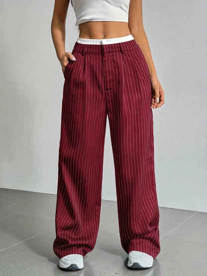 Fashion Pants Women's Stripe Straight Pants 2024 Autumn Winter High Waisted Casual Suit Pants Office Lady Women Trousers Bottoms