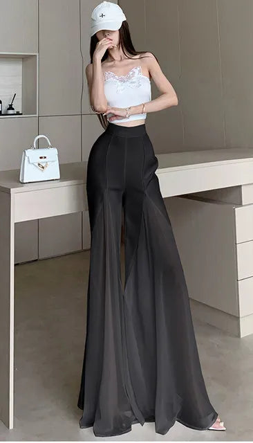 White mesh fishtail flared pants women summer thin design high waist hanging feeling elegant chiffon wide leg casual pants