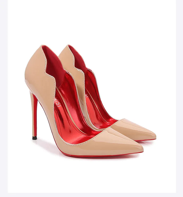 Black Curl Upper Women Patent PU Pointed Toe Stiletto 12cm High Heels Sexy Ladies Party Dress Shoes Club Dance Women Pumps