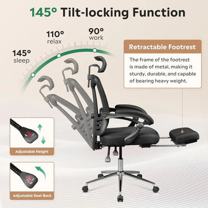 Ergonomic Mesh Office Desk Chair with Footrest,Comfrotable Big and Tall Reclining Computer Chair with Adjustable Lumbar Support