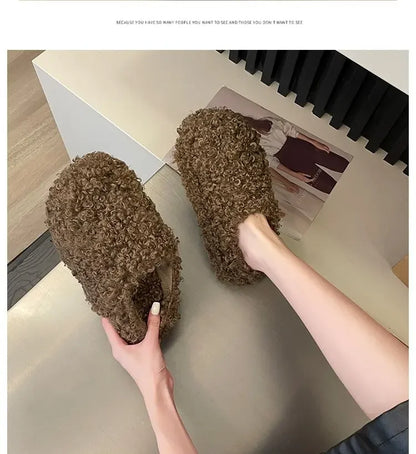 Thick Heel Luxury Lambwool Mules  Winter Shoes Woman Flip Flops Flat Cover Toe Slides Ins Warm Curly Lamb Fur Slippers Women