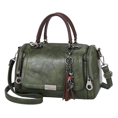 Tassel Decor Women's Large Capacity Shoulder Bag Fashion Zipper Crossbody Bag With Removable Strap Boston Handbag