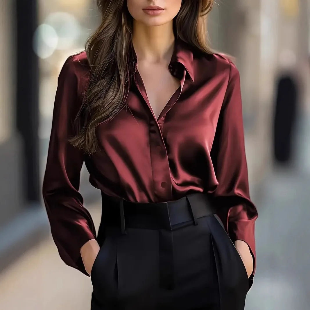 2025 Spring and Autumn Women's Lapel Shirt Brown Button Cardigan Top Black Elegant Fashion Office Basic Blouses for Female