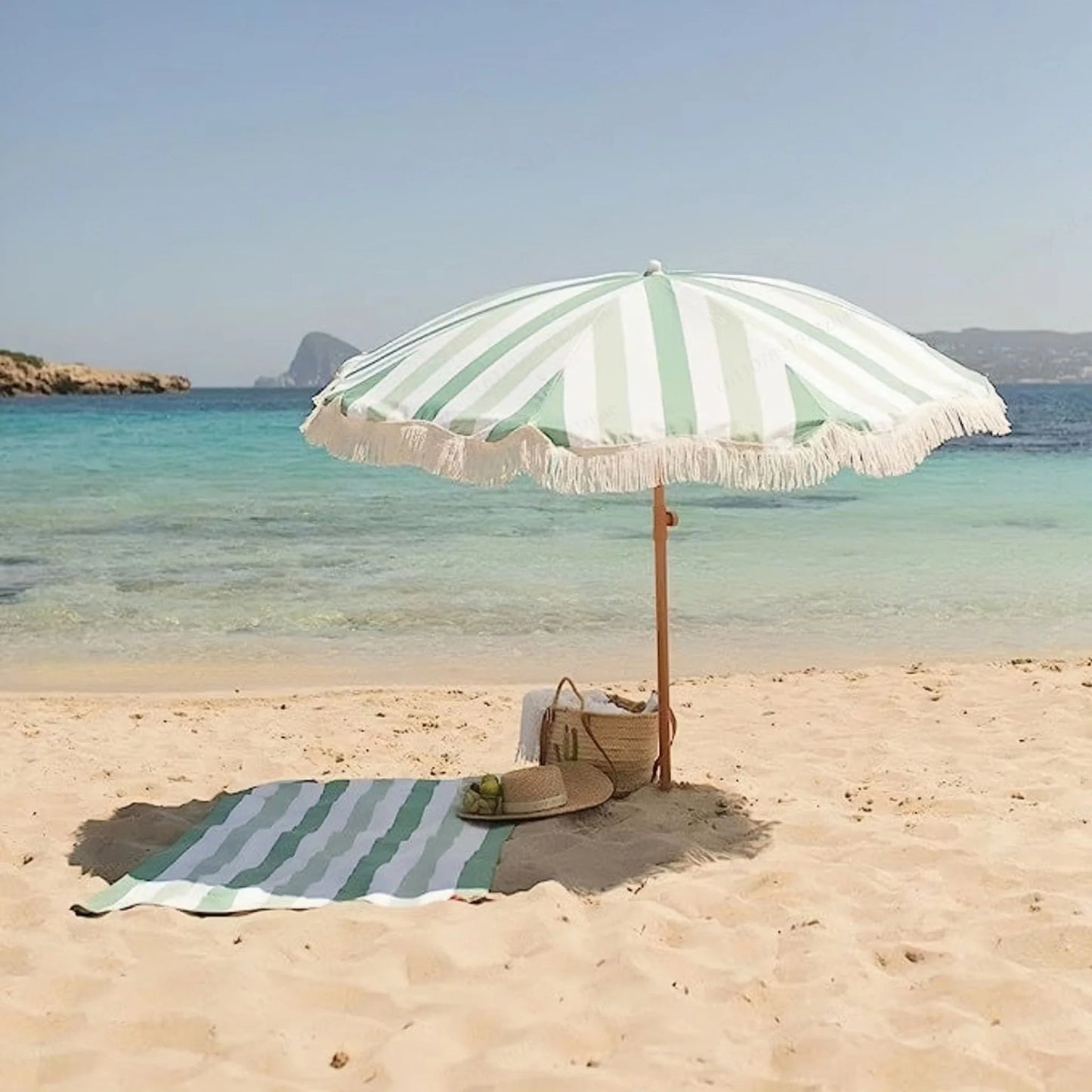 2m yellow striped umbrella with tassels, outdoor shade, beach umbrella, courtyard camping, sun protection