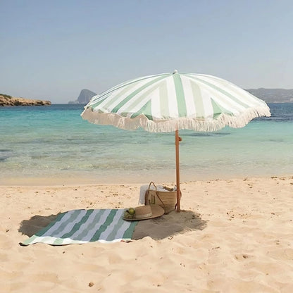 2m yellow striped umbrella with tassels, outdoor shade, beach umbrella, courtyard camping, sun protection