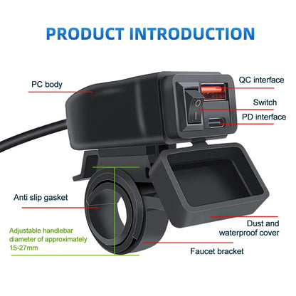 60W QC3.0+PD Motorcycle Handlebar & Rear Mirror With Digital Voltmeter Thermometer USB Socket Fast Charger Phone Power Adapter