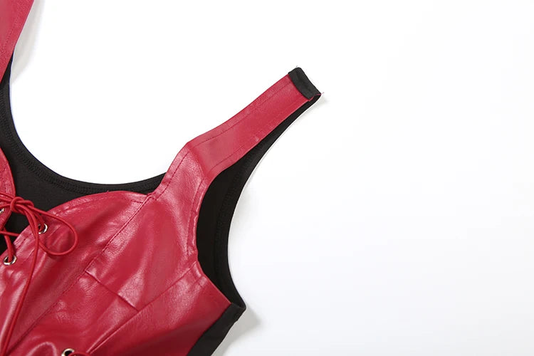 Kliou PU Leather Tank Tops Woman Low-Neck Shirring Backless Irregular Hem Skinny Stretch Hot Girls High Street Style Clothing