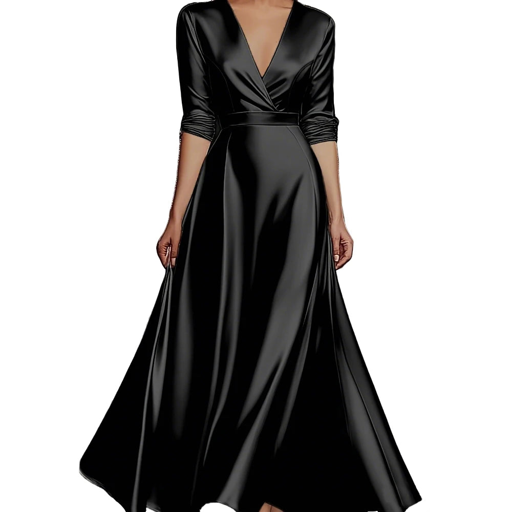 Spring/Autumn Collection: French-inspired Elegance Luxury-feel V-neck Long-sleeved Fitted Waist Dress Evening Gown for Banquets