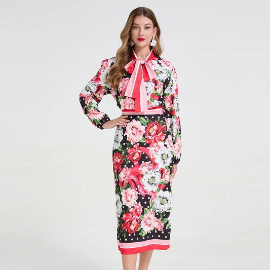 Runway Sicilian Spring Summer Print 2 Piece Set Women's Bow Neck Long Sleeve Slim Blouses + High Waist Bodycon Midi Skirt Street
