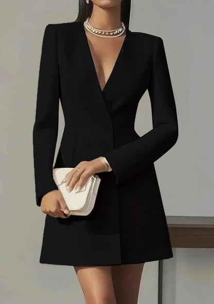 Women's Fashion Solid Button Blazer Short Dresses Autumn Winter Sexy V-neck Party Dress  Office Ladies Long Sleeve Slim Dress