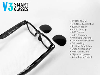 V3 AI Smart Glasses with ChatGPT, 8MP Camera Video Recording, Bluetooth Calls, Voice Wake, Music Playback Sunglasses