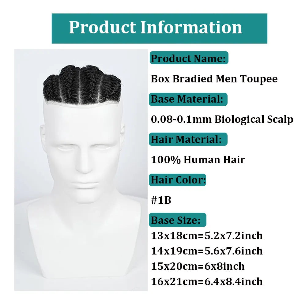 Cornrow Box Braided Men Toupee Human Hair Skin Full PU Hairpiece Breathable Replacement Hair System Prosthesis For Men Patch Wig