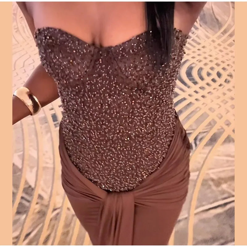 Chic Sequins Lace Up Dress Women Cinched Waist Strapless Patchwork Pleated Sleeveless Maxi Gowns 2025 Summer Evening Party Robe