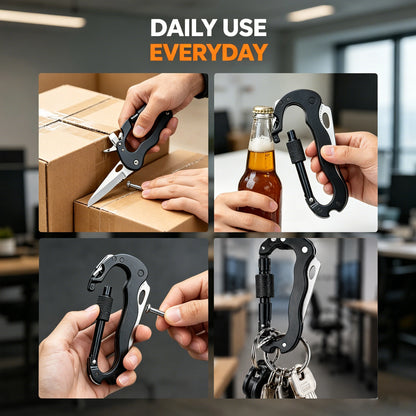 7-in-1 Multifunctional Carabiner EDC Survival Gear with Knife Bottle Opener Fire Starter Screwdriver for Camping Hiking