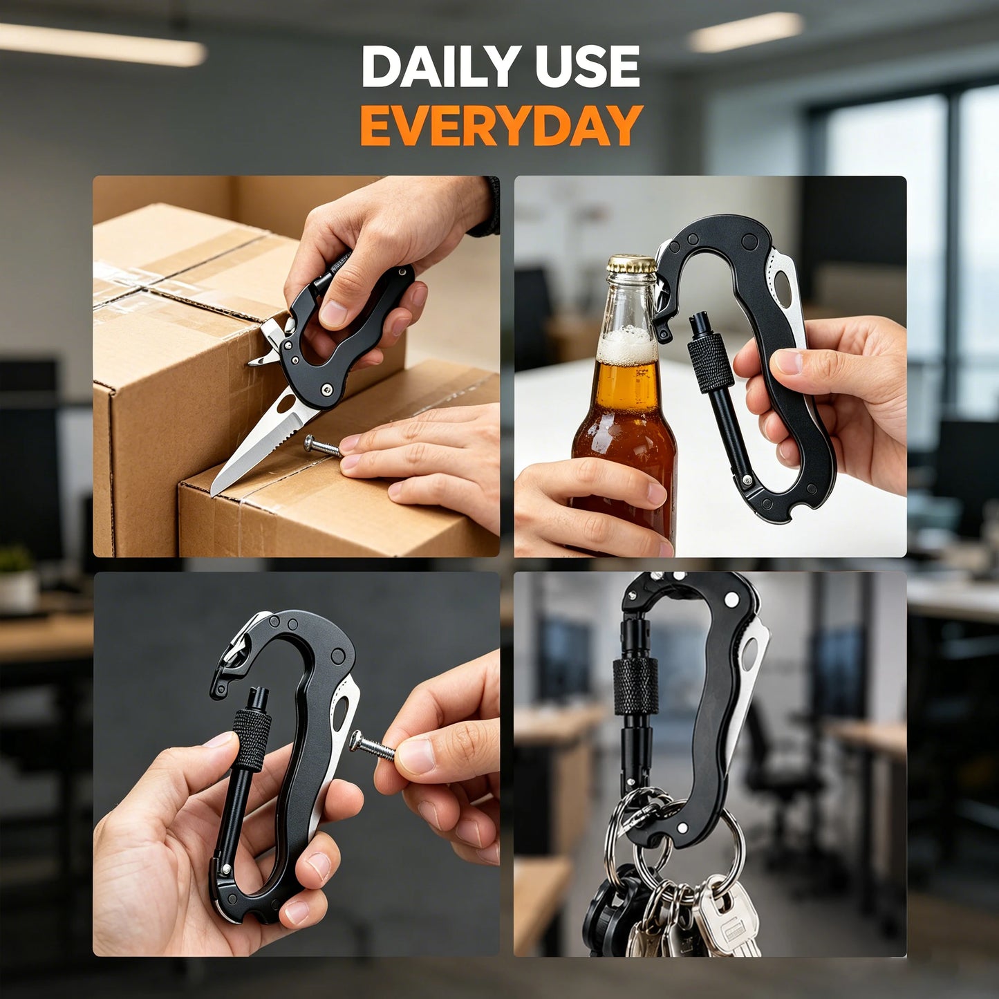 7-in-1 Multifunctional Carabiner EDC Survival Gear with Knife Bottle Opener Fire Starter Screwdriver for Camping Hiking