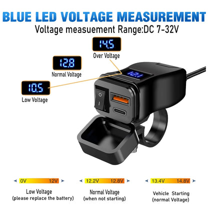 60W Motorcycle USB Fast Charger PD QC3.0 Power Supply Adapter Handlebar Dual USB Socket Waterproof with Switch Voltmeter