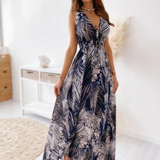 Women V Neck Sleeveless Floral Print Loose Sundress Summer Female Backless Sleeveless Bandage Boho Party Maxi Long Dresses