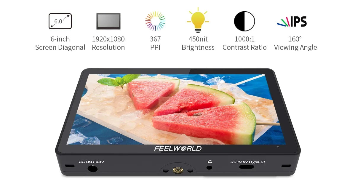 FEELWORLD F5 PRO V4 6" 3D LUT Touchscreen Monitor 4K HDMI I/O High-Res Rec.709 Aux Power Multiple Mounting Options