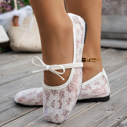 Plus Size 43 Women Fashion Ballet Flats Breathable Laces Square Toe Spring Summer Flat Shoes For Female Daily Walking Loafers