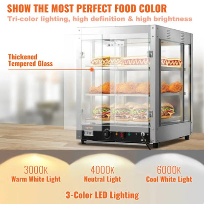 SucceBuy 2/3 Tiers Countertop Food Warmer Commercial 3D Heating Pizza Pastry Warmer with Temp Knob Display Kitchen Appliance
