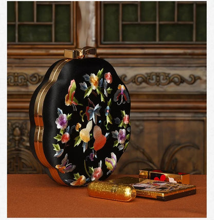 Cape-Bay Embroidered Women's Bag with Cheongsam, Chinese Classical Flower Embroider Small Bag Flower Cloth Bag, Gold Edged Gold Lock Chain Bag, Fashionable Niche Black Flower Cloth Bag, Banquet Party Casual Shoulder Bag, Cros
