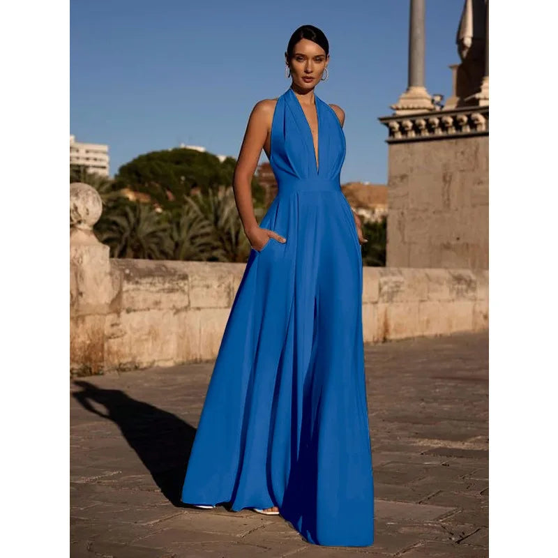 Elegant Women Corset Party Jumpsuit Y2K Sexy Halter Backless Loose Wide Leg Trousers Palazzo Pants Romper Celebrity One Pieces