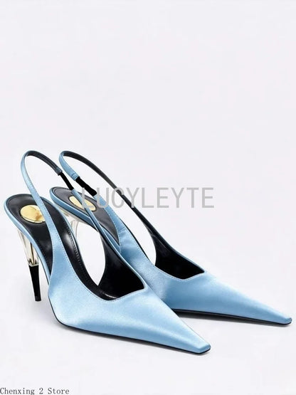Women Satin Pointed‑Toe Stiletto Pumps with Clear Heel, Elegant Back Strap Dress Heels for Formal Dating Club Occasions